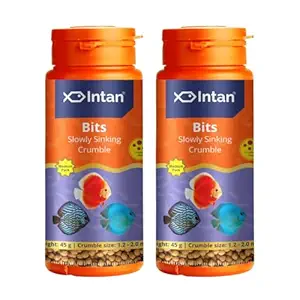 Intan Bits Slow Sinking Crushable Crumble Fish Food | Crumble for Discus, Danios, Barbs & Rainbows Fish | Medium Pack 45 Gm Each, Crumble Size 1.2 to 2.0 mm Dia, Pack of 2,All Life Stages