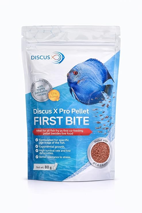 Discus X Pro Pellet First Bite Fish Food for Discus and Fry, 0.3-0.5 mm, 80g, with EPA and DHA, Slow Sinking Granules [Thailand-Import]