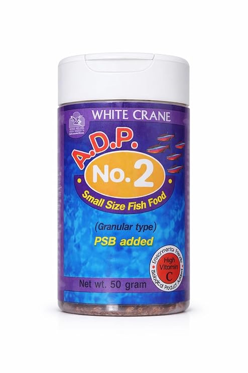 White Crane A.D.P. No.2 (500 – 800 Micron) Small Size Fish Food, Granular Type with PSB and Spirulina, High Protein Formula, High Vitamin C, 50g (Thailand Imported)
