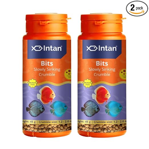 Intan Bits Slow Sinking Crushable Crumble Fish Food | Crumble for Discus, Danios, Barbs & Rainbows Fish | Medium Pack 45 Gm Each, Crumble Size 1.2 to 2.0 mm Dia, Pack of 2,All Life Stages