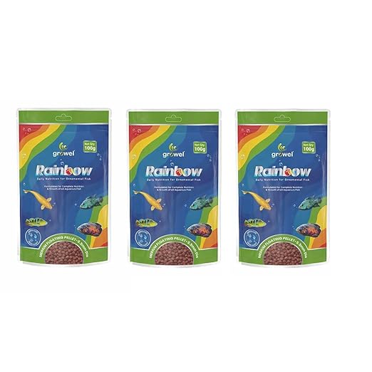 Growel Rainbow Daily Nutrition Ornamental Fish Food, Medium Floating Pellet, 5.5mm, with Spirulina and Astaxanthin, 100g, Pack of 3 | MECOMMERCE