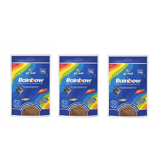 Growel Rainbow Mini Floating Pellet Fish Food with Spirulina and Astaxanthin, 1.8mm, 100g, Pack of 3 | MECOMMERCE