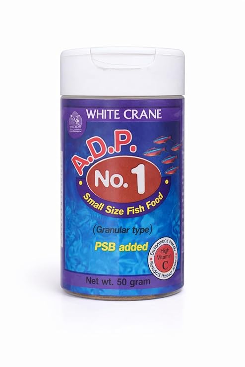 White Crane A.D.P. No.1 (300-500 Micron) High Protein Granular Fish Food with PSB and Spirulina for Small Fish, Guppies, Tetras, Bettas, and New Born Fries, 50g (Thailand-Imported)