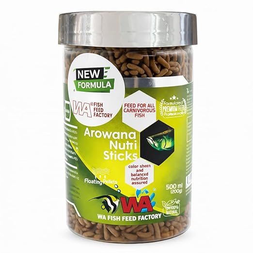 WA Fish Feed Factory Arowana Nutri Sticks – Floating Pellets for Carnivorous Fish, High Protein Aquarium Fish Food for Growth & Color Enhancement, 500 ml (200 g) | MECOMMERCE