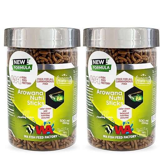 WA Arowana Nutri Sticks | 500 Ml/200 Gm | Floating Pellets | Natural Color Enhances | Easy Digestion & Balanced Nutrition | Feed for All Carnivorous Fish (Pack of 2) | MECOMMERCE