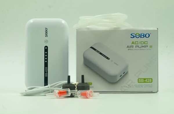SOBO SB-428 AC/DC USB Rechargeable Air Pump III, USB Rechargeable, Built-in Lithium Battery, Ultra Quiet, Dual Outlets, for Aquarium