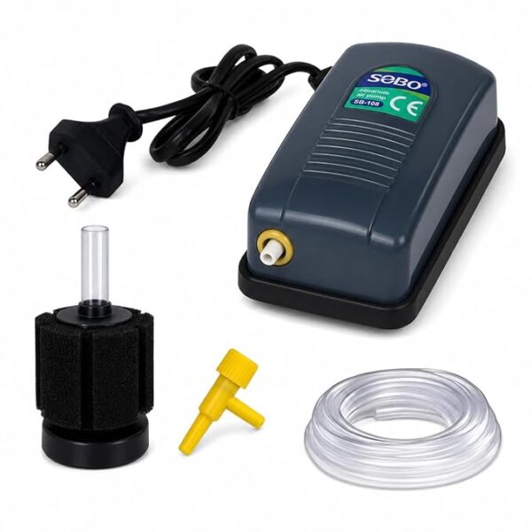 SB-108 Aquarium Air Pump Kit with Sponge Filter (XY-2835), Air Flow Regulator and Tubing, Grows Beneficial Nitrates