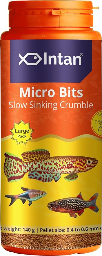 Intan Micro Bits Slow Sinking Crumble Fish Food | Crumble for Killifish, Tetras, Rasboras, Danios Fish | Large Pack 140 Gm, Pellet Size 0.4 to 0.6 mm Dia, Pack of 1,All Life Stages
